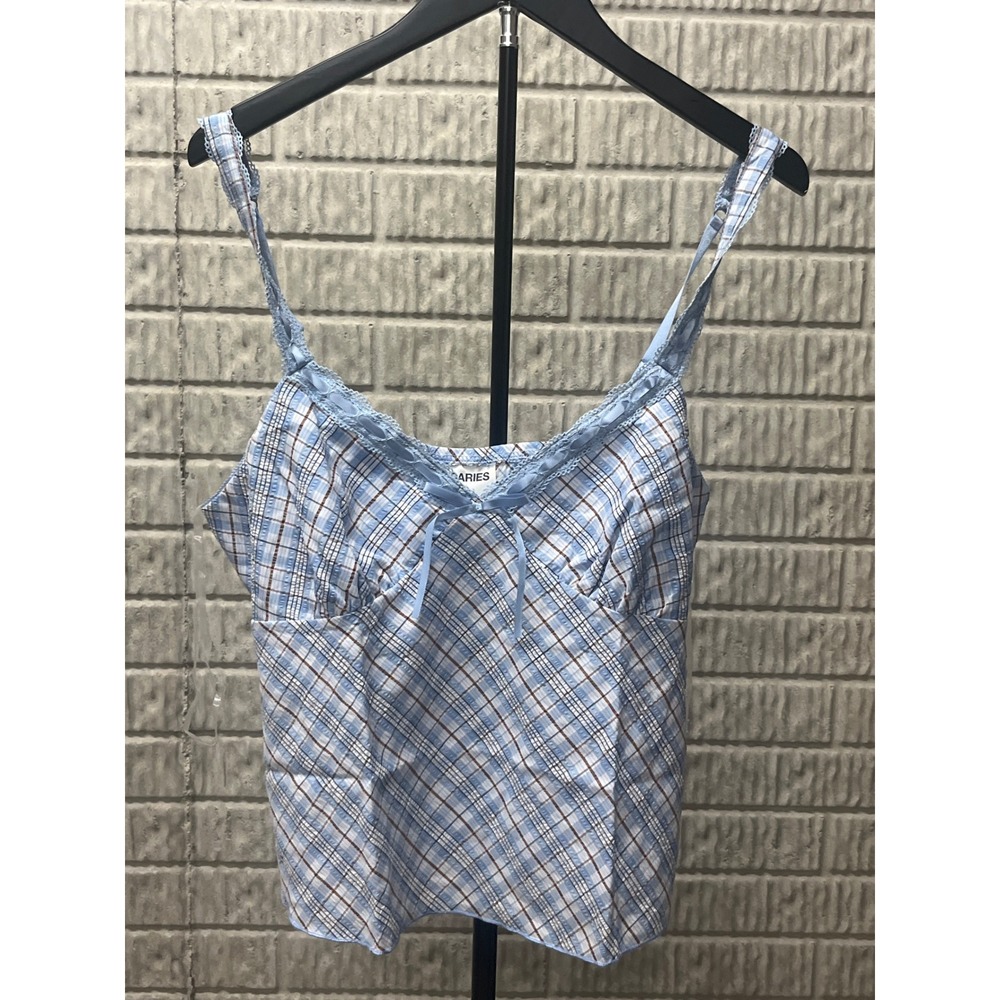 No Boundaries Blue Plaid Woven‎ Cami Top Lace Trim Bow XL 16-18 NB35HQ017263